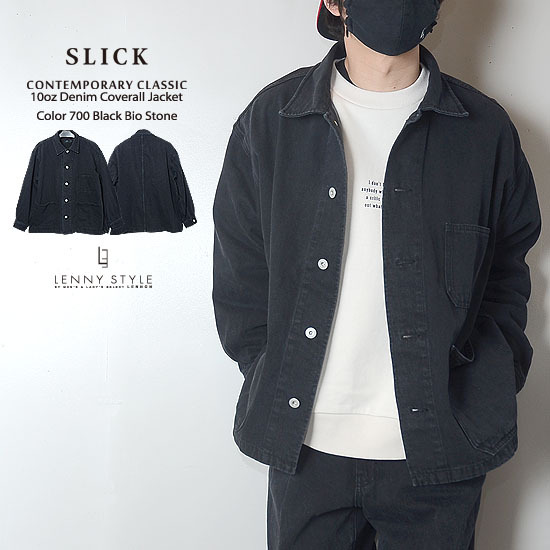 SLICK ( スリック ) デニム カバーオール ジャケット - 10オンス デニム - ブラックバイオストーン SLICK ( スリック ) デニム カバーオール ジャケット - 10オンス デニム - ブラックバイオストーン