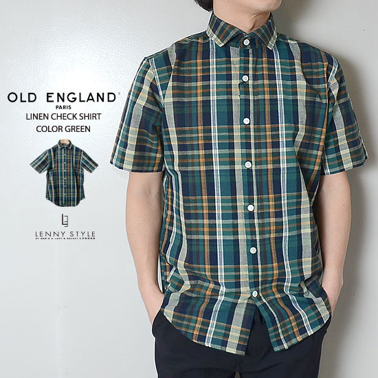 オールドイングランドオム (OLD ENGLAND HOMME)コットン+リネンワイドカラー半袖チェックシャツ オールドイングランドオム (OLD ENGLAND HOMME)コットン+リネンワイドカラー半袖チェックシャツ