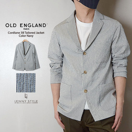 オールドイングランドオム (OLD ENGLAND HOMME)コードレーンストライプテーラードジャケット(アンコンジャケット)-ネイビー オールドイングランドオム (OLD ENGLAND HOMME)コードレーンストライプテーラードジャケット(アンコンジャケット)-ネイビー