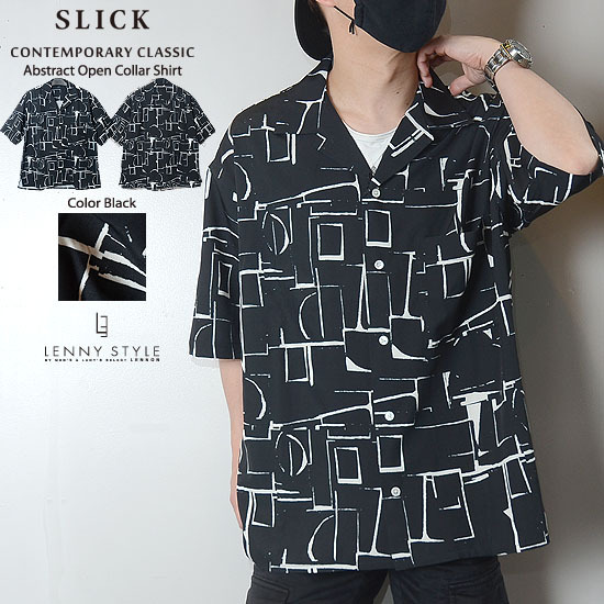 SLICK ( スリック ) プリント 半袖 シャツ - アブストラクト オープンカラー シャツ - ブラック SLICK ( スリック ) プリント 半袖 シャツ - アブストラクト オープンカラー シャツ - ブラック