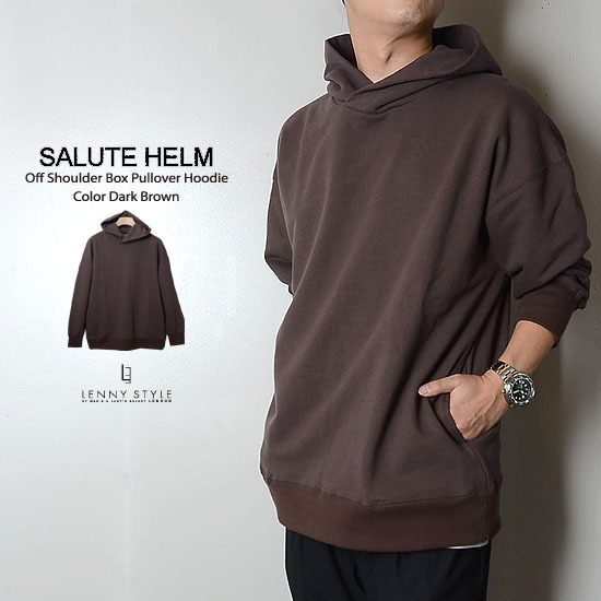 サルートヘルム(SALUTE HELM)オフショルダーボックスプルオーバーフーディー(プルパーカー)-ダークブラウン サルートヘルム(SALUTE HELM)オフショルダーボックスプルオーバーフーディー(プルパーカー)-ダークブラウン