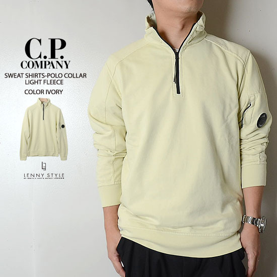 CPカンパニー（シーピーカンパニー）（C.P.COMPANY）ハーフジップライトスエット（Garment Dyed Light Fleece Quarter Zip Lens Sweat）-アイボリー